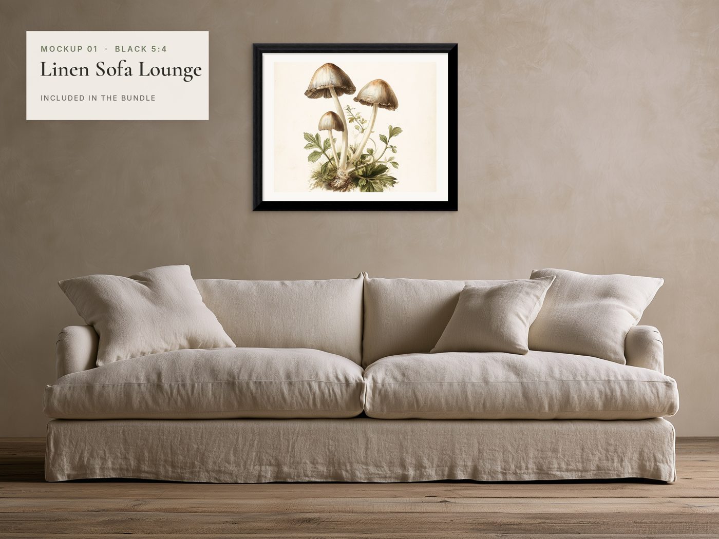 Black frame mockup above a linen sofa in a coastal living room
